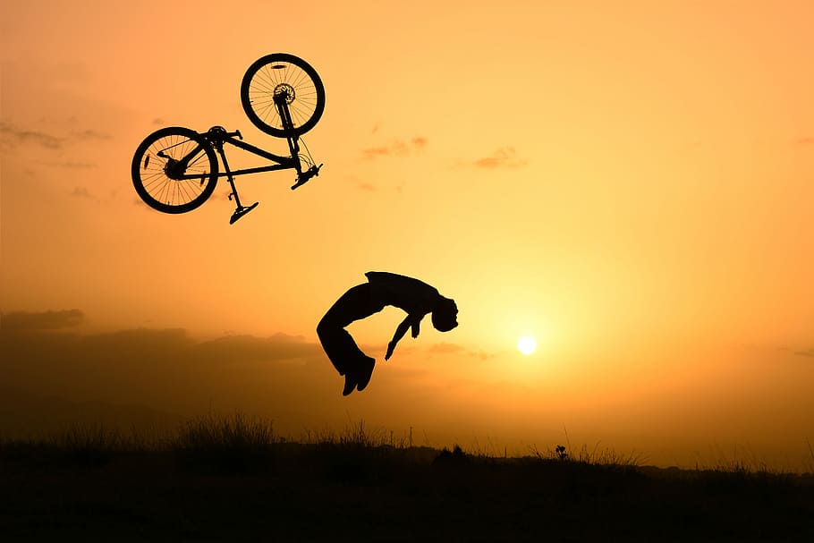 stunt cyclist, Stunt, Cyclist, Sunset, bike, dusk, photos, public domain, sports, flying