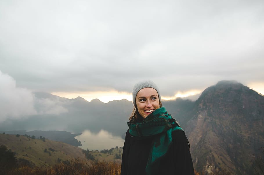 woman, standing, mountain, people, happy, scarf, mountaineer, bonnet, travel, adventure