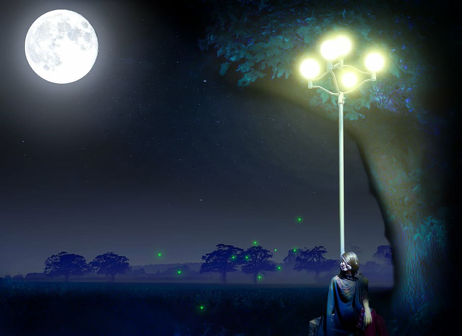 woman, standing, lamp post, nighttime, moonlight, moon, scene, night, full moon, light