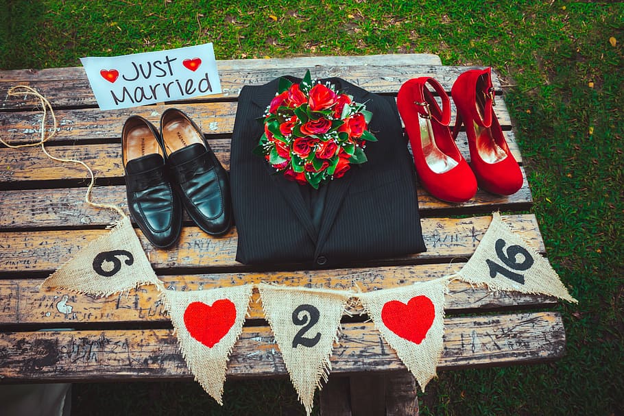 pairs, loafers, pumps, wooden, table, wedding, grooms, embracing each other, kiss, emgombe