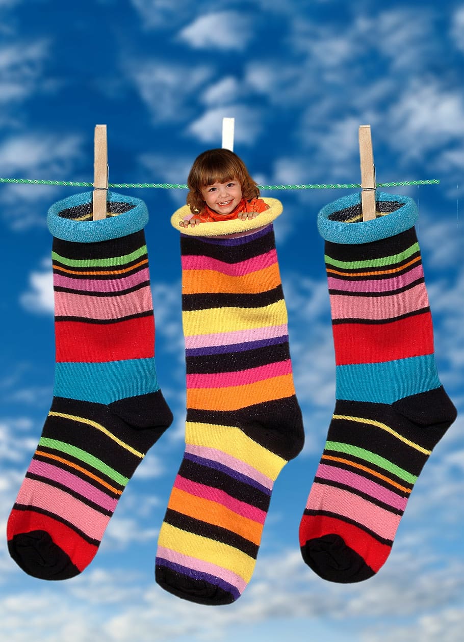 toddler, sock photo, socks, colorful, stockings, clothes line, girl, child, hide, fun