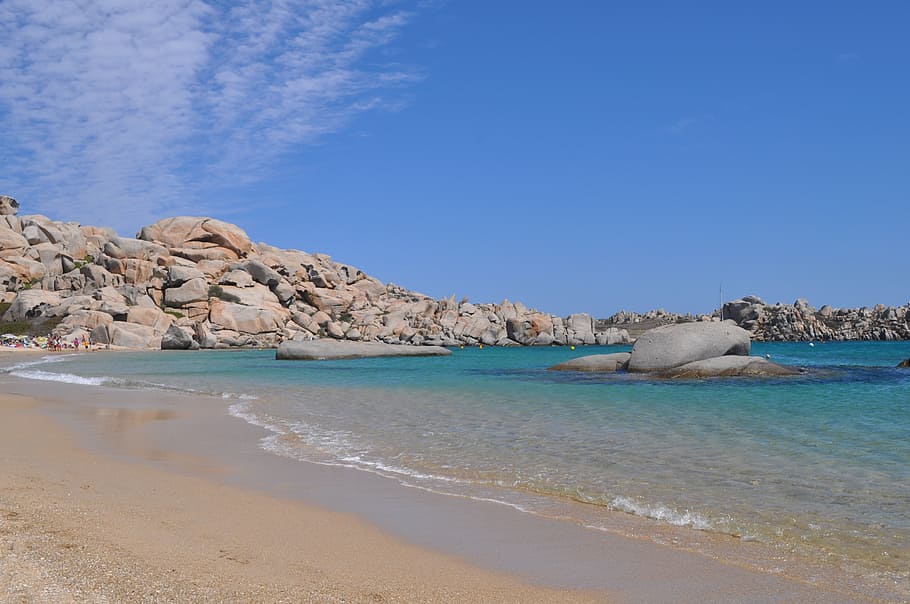 rocks near seashore, beach, sea, corsican, sand, waves, coastline, summer, nature, blue