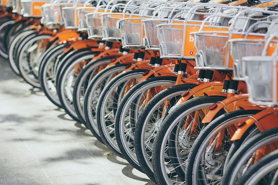 bike, bicycle, basket, street, parking, in a row, large group of objects, focus on foreground, close-up, metal