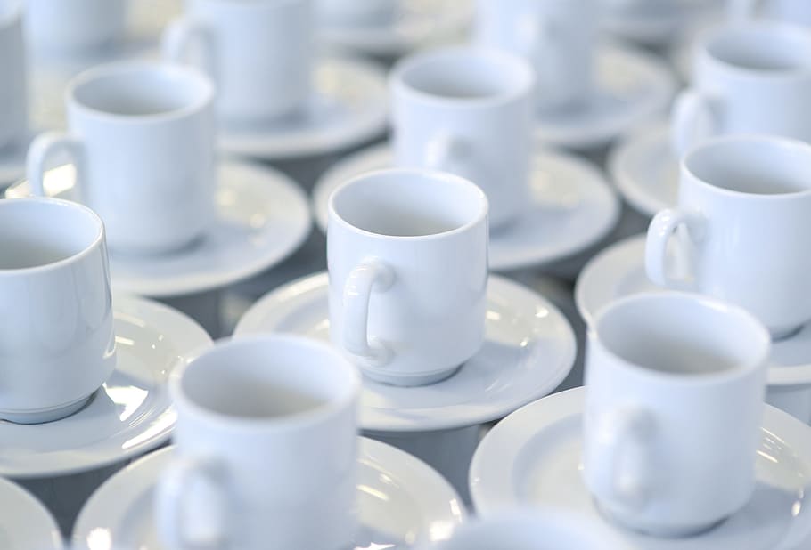 white, ceramic, mugs, saucers, coffee, cups, stacked, porcelain, cup of coffee, coffee cup