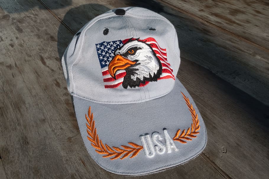 Gorra de béisbol, placa, bandera, gorra, gorra de placa, estrellas y rayas, adler, águila calva, bordado, EE. UU.