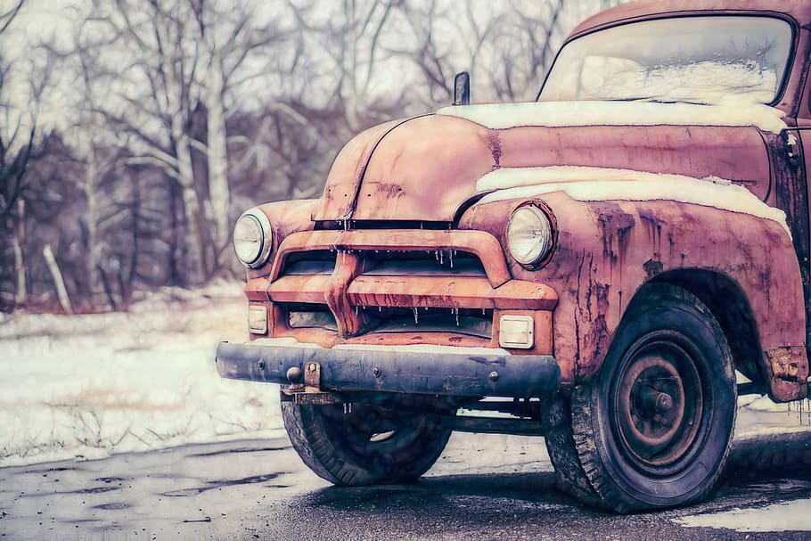 Rojo, vehículo, gris, hormigón, pavimento, oldtimer, coche, vintage, transporte, clásico