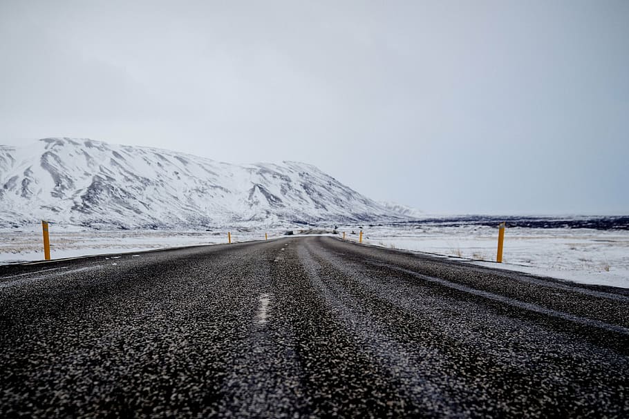 asphalt road, snow, capped, mountain, daytime, road, highway, asphalt, drive, journey