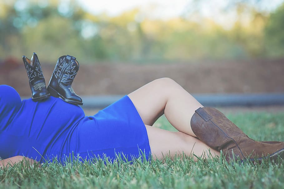 woman, blue, dress, lying, grass, Cowboy, Expecting, Boots, Pregnant, maternity