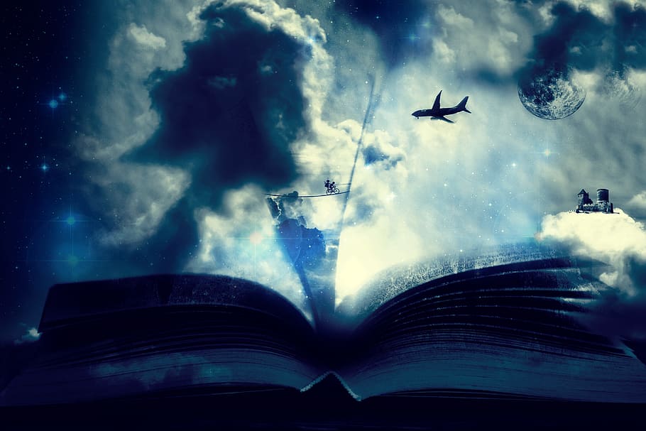 blue art painting, fantasy, photomontage, aircraft, book, reading, dream, imagination, flying, cloud - sky