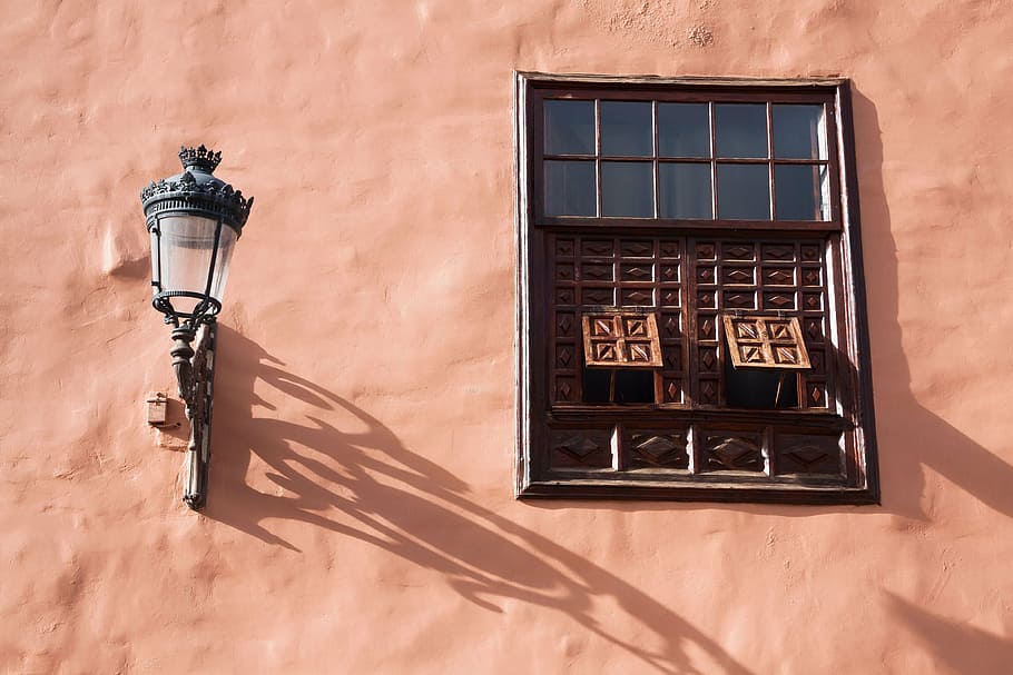 sconce lamp, black, brown, windows, lamp, street lighting, window, shutter, typical, old