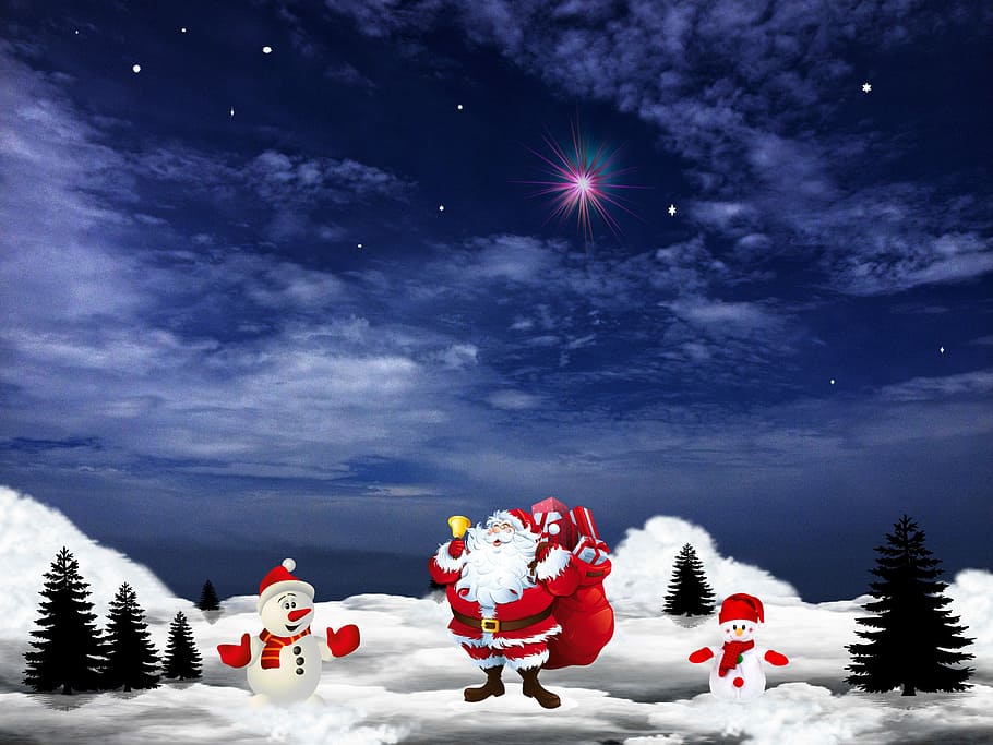 two, snowmen, Santa Claus, Christmas Eve, christmas, photos, holidays, night, public domain, saint nicholas