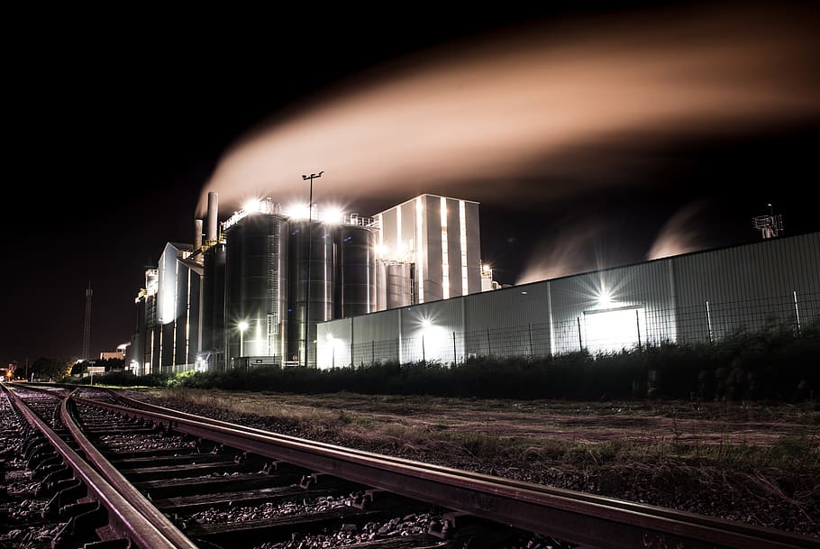 photography, black, high-rise, building, night time, time lapse photography, factory, night, smoke, industry