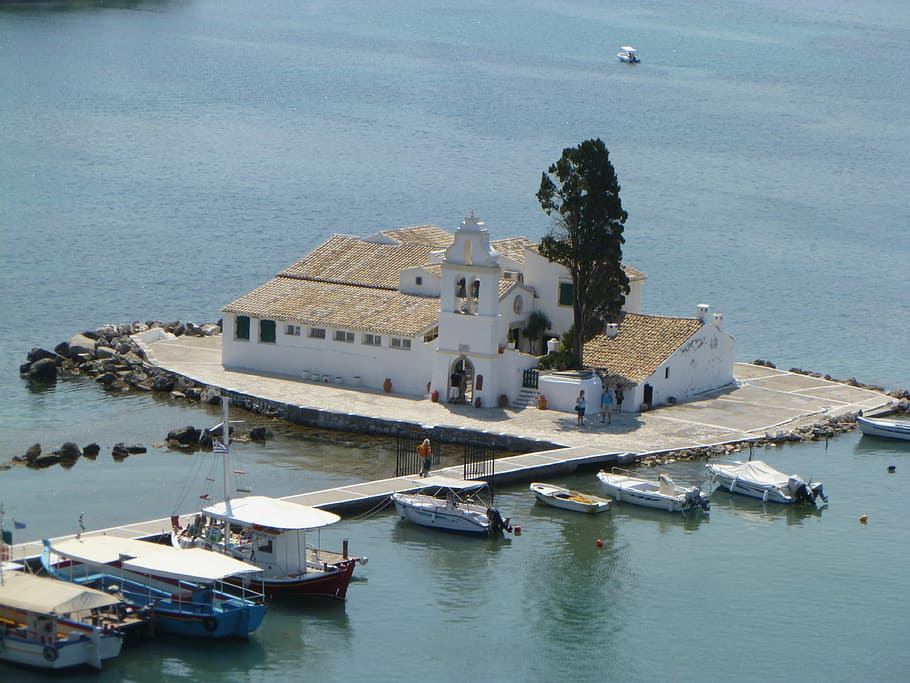 Island, Corfu, Boats, Boat, water, high angle view, sea, nautical vessel, waterfront, day