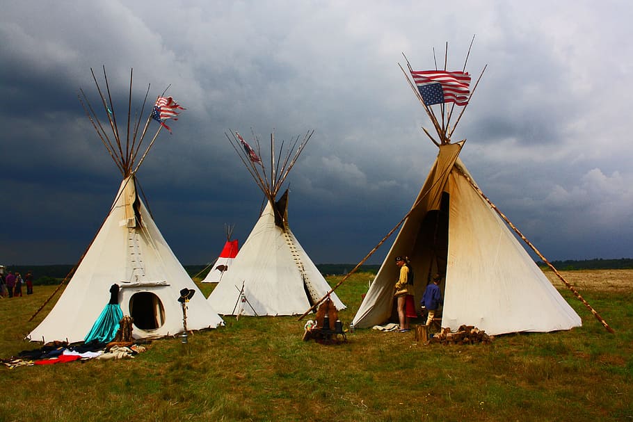 three, white, tipi tent, u.s., flag, indians, tents, summer, camping, wilderness