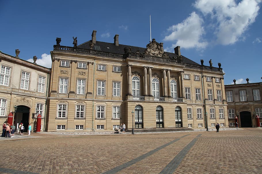 beige, concrete, building, clear, blue, sky, amalienborg palace, copenhagen, denmark, market square