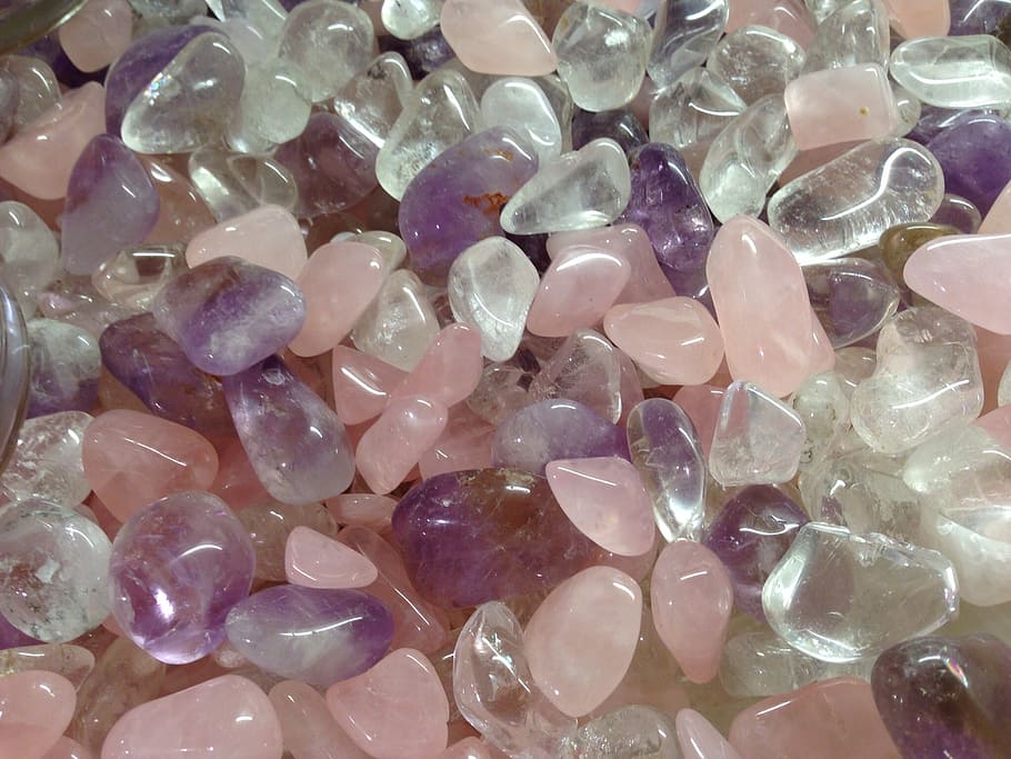 foto, rosa, claro, roxo, grânulos, ametista, cristal de rocha, quartzo rosa, pedra preciosa, brilhante