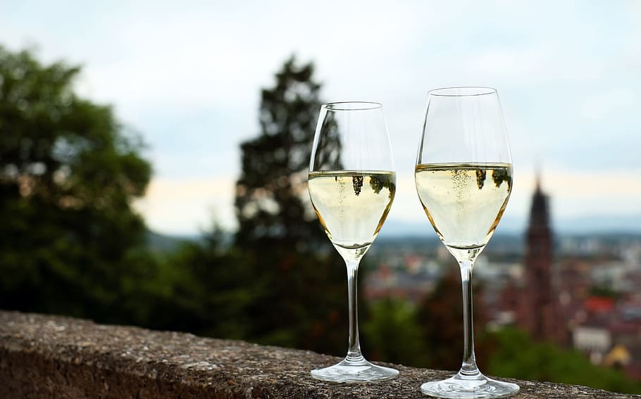 two, clear, long-stem wine glasses, wine glasses, champagne, champagne glasses, drink, alcohol, glasses, wine