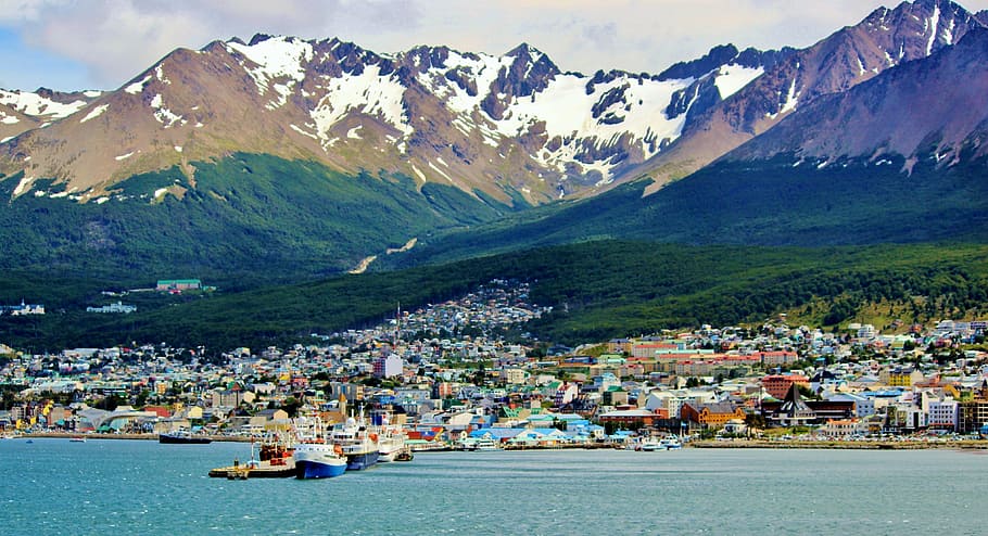 ship, body, water, city, mountains, ushuaia, argentina, mountains snow, patagonia, beautiful