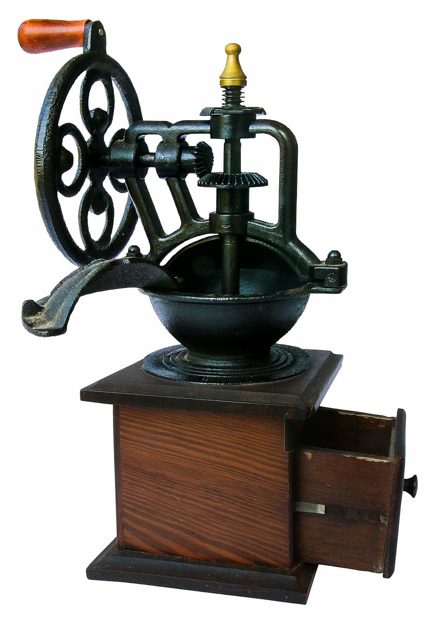 black steel frame, coffee, grinder, old, crank, mill, historically, white background, old-fashioned, stove