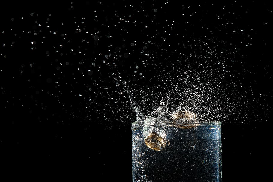 water, clear, glass, ice, alliances, splash, against light, marriage, union, wedding ring