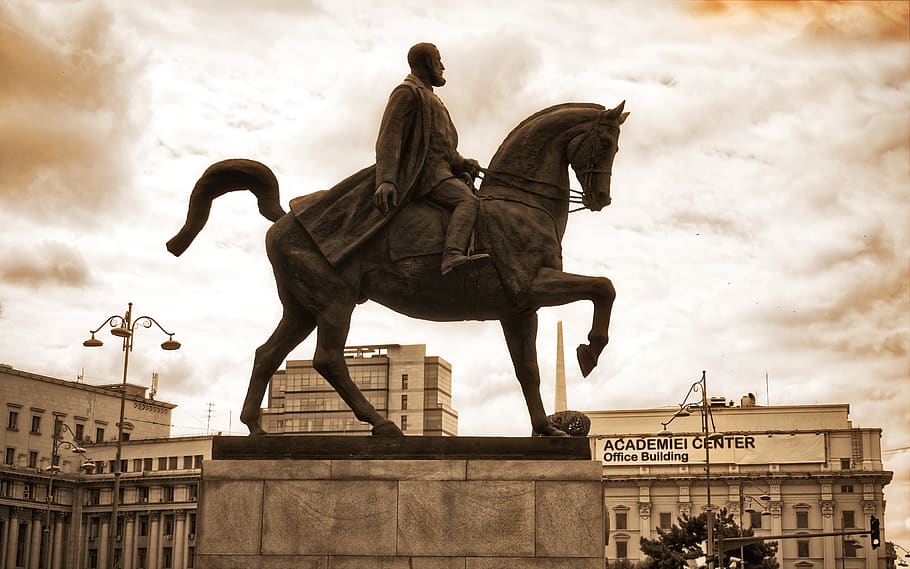 statue, the rider, lord, horse, monument, historic, buildings, urban, city, sky