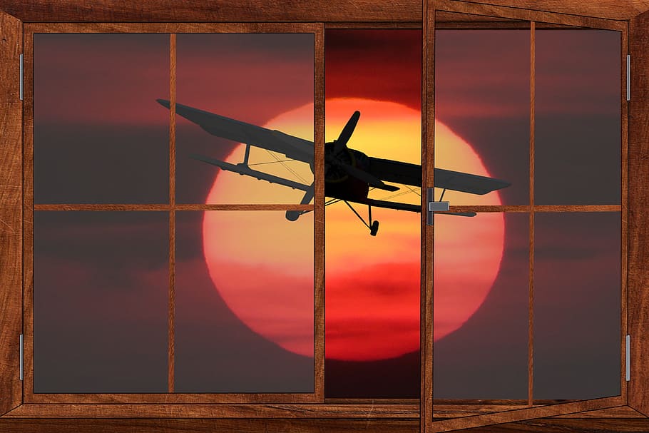 nature, sky, sun, evening sun, sunset, fly, aircraft, window, outlook, air vehicle