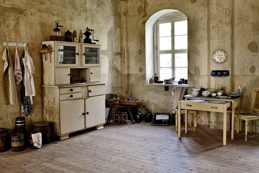 brown, wooden, cabinet, window, Kitchen, Old, Historically, kitchen equipment, table, sink