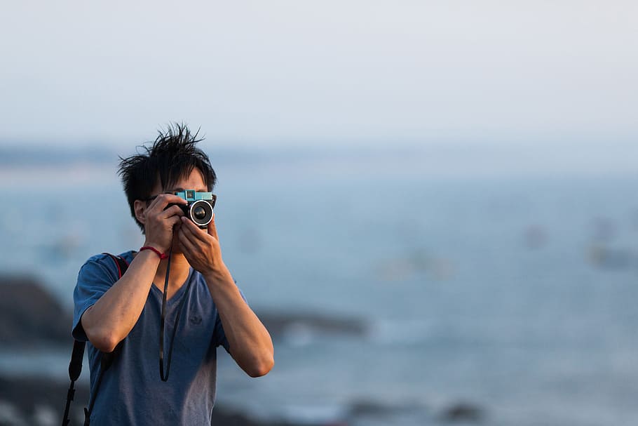 fotógrafo que toma la foto, fotógrafo, foto, tecnología, cámara, lente, hombre, fotografía, al aire libre, mar