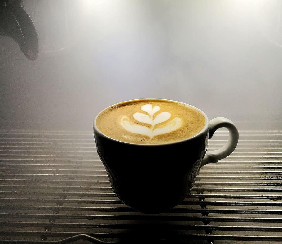 latte art, black, teacup, Macchiato, Coffe, Tulip, Milk, latteart, latte, steam