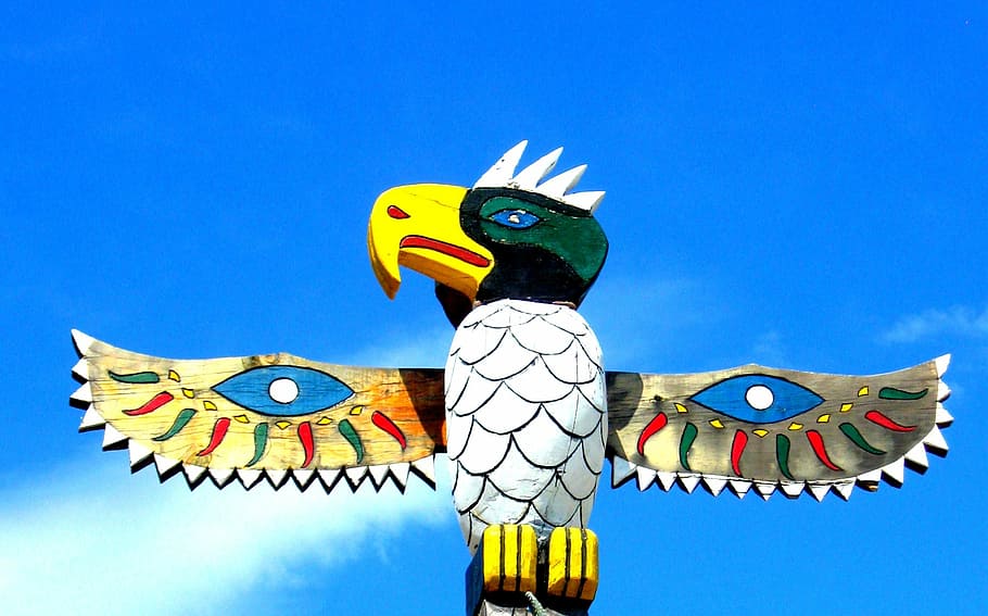 multicolored, wooden, eagle totem statue, totem, pole, bird, wings, native, american, new hampshire