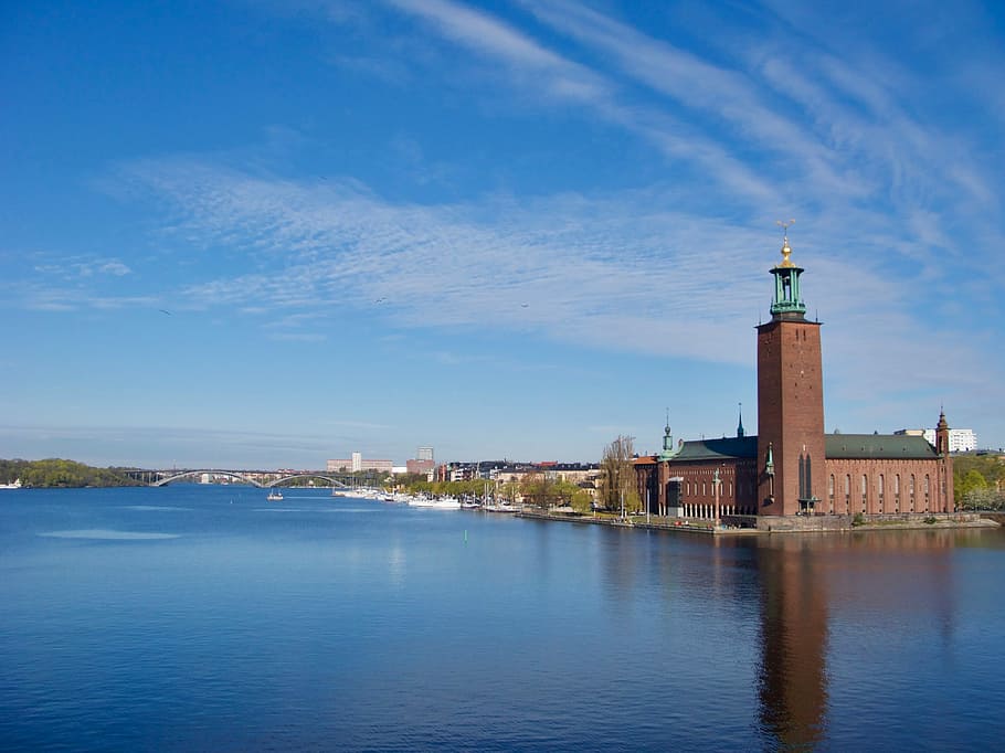 Estocolmo, ayuntamiento, horizonte, suecia, arquitectura, escandinavia, skandinavia, exterior del edificio, faro, estructura construida