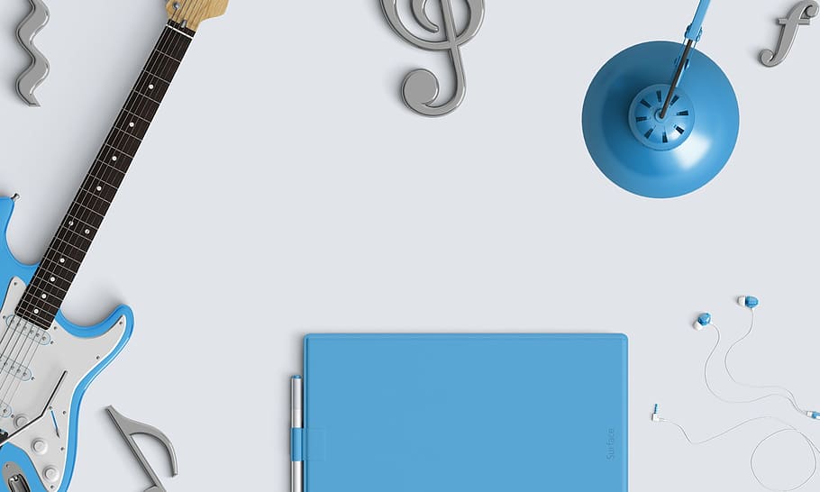 青, 白, ストラトキャスター, エレクトリック, ギター, 音符の壁の装飾, 音楽, デスクトップ, オーディオ, イヤホン