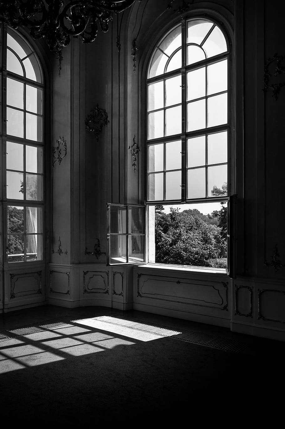 grayscale photography, opened, window, Interior, Castle, Gödöllő, Hungary, interior, castle, europe, history