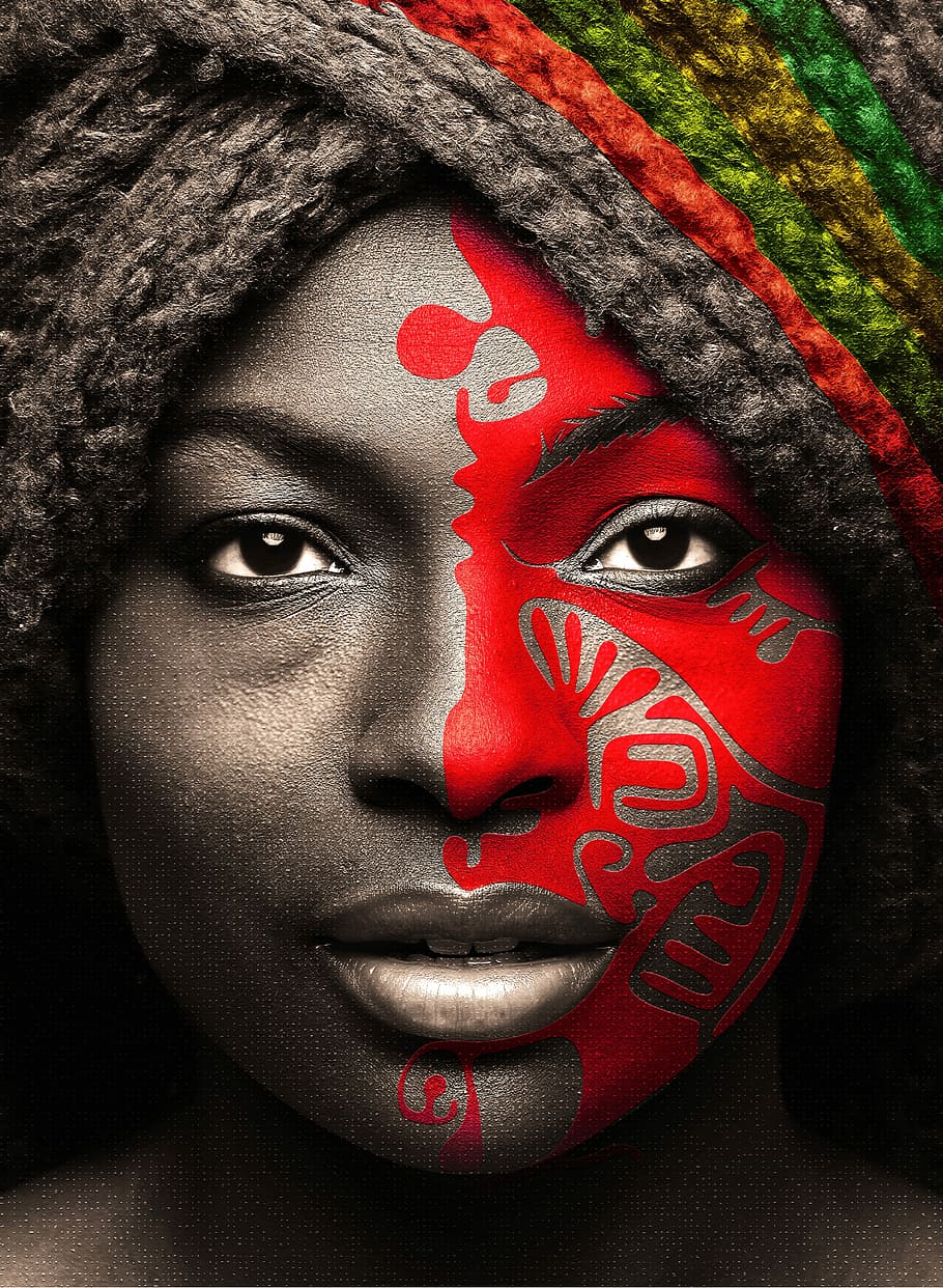 wanita, wajah, merah, cat, potret, orang, hitam, afrika, lukisan, warna