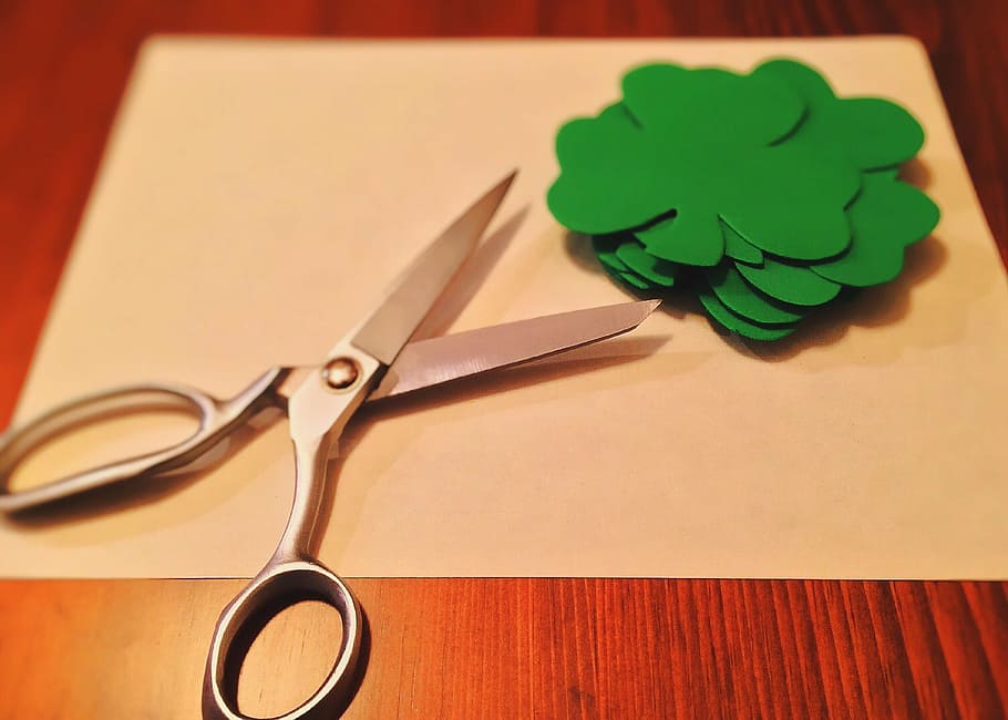 scissors, green, paper cutout flowers, shamrock, clover, irish, st patricks day, paper, table, indoors
