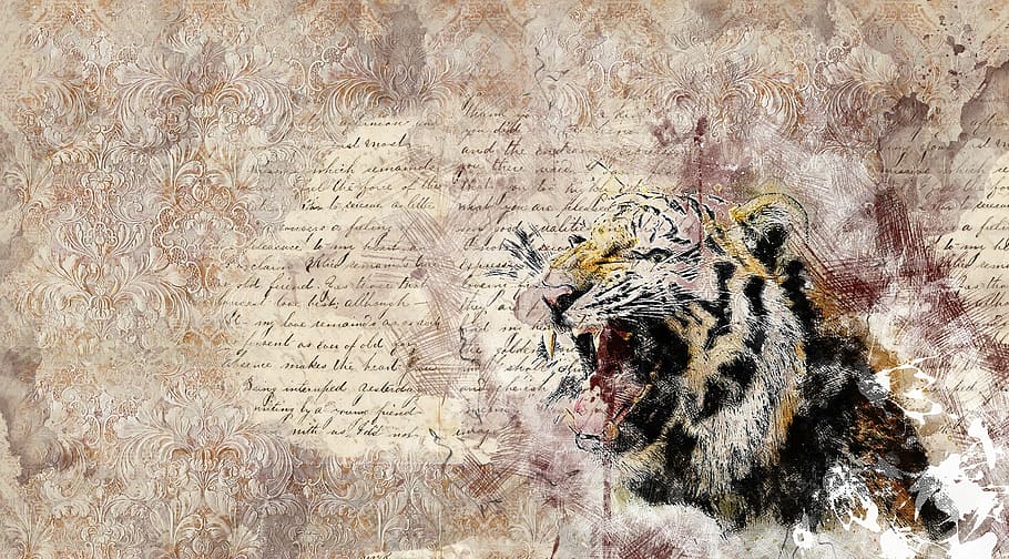 brown, black, tiger painting, tiger, roaring, art, abstract, scrapbooking, vintage, page