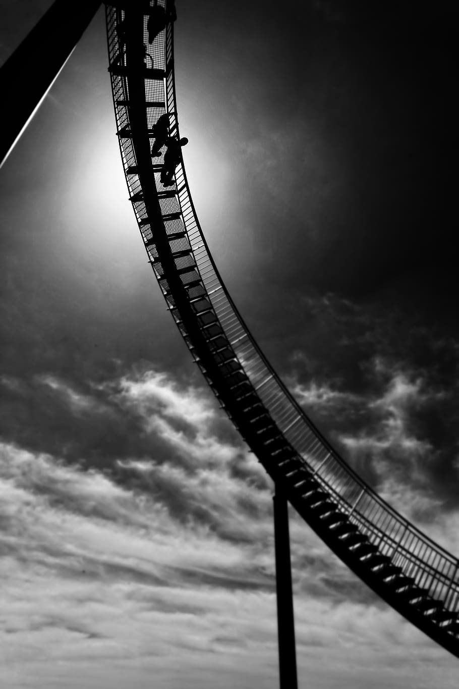 clouds, sky, black and white, stairs, architecture, structure, people, silhouette, roller, coaster