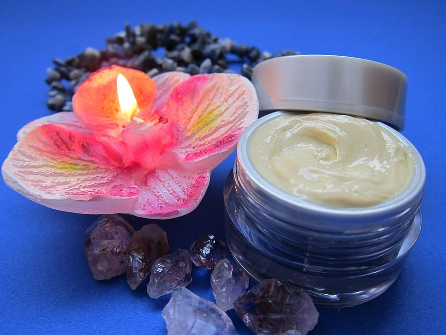 pink, lighted, flower candle, cream, skin care, luxury, candle, skincare, relaxation, amethyst