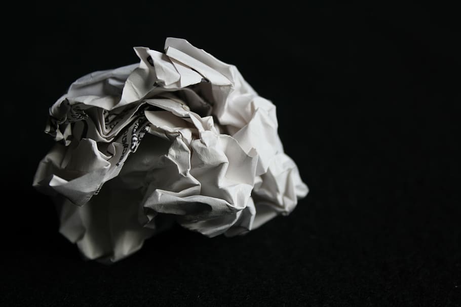 crumpled, white, printer paper, dark, background, paper, screwed up, paper ball, crinkle, screwed