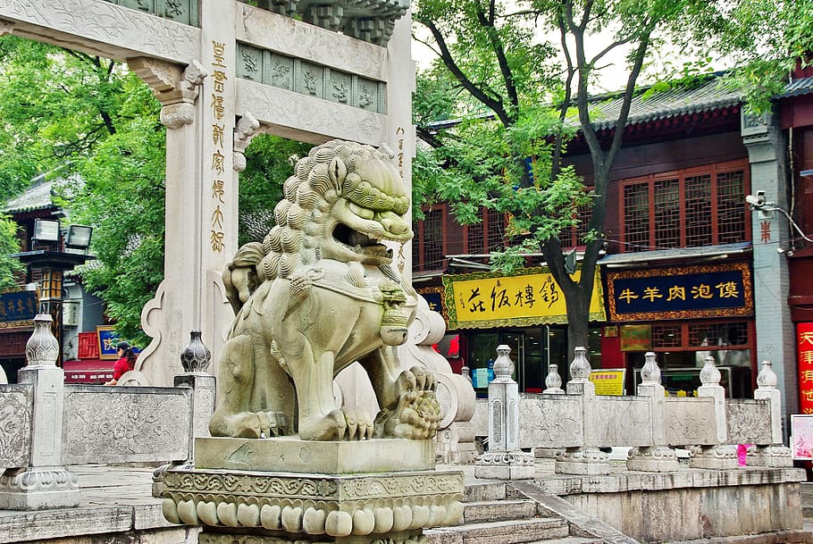 xian, statue, lion, china, pierre, pagoda, architecture, art and craft, sculpture, representation