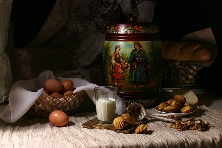 still life, eggs, milk, cookies, nuts, painted spoon, painted tub, barrel, people's, ukrainian