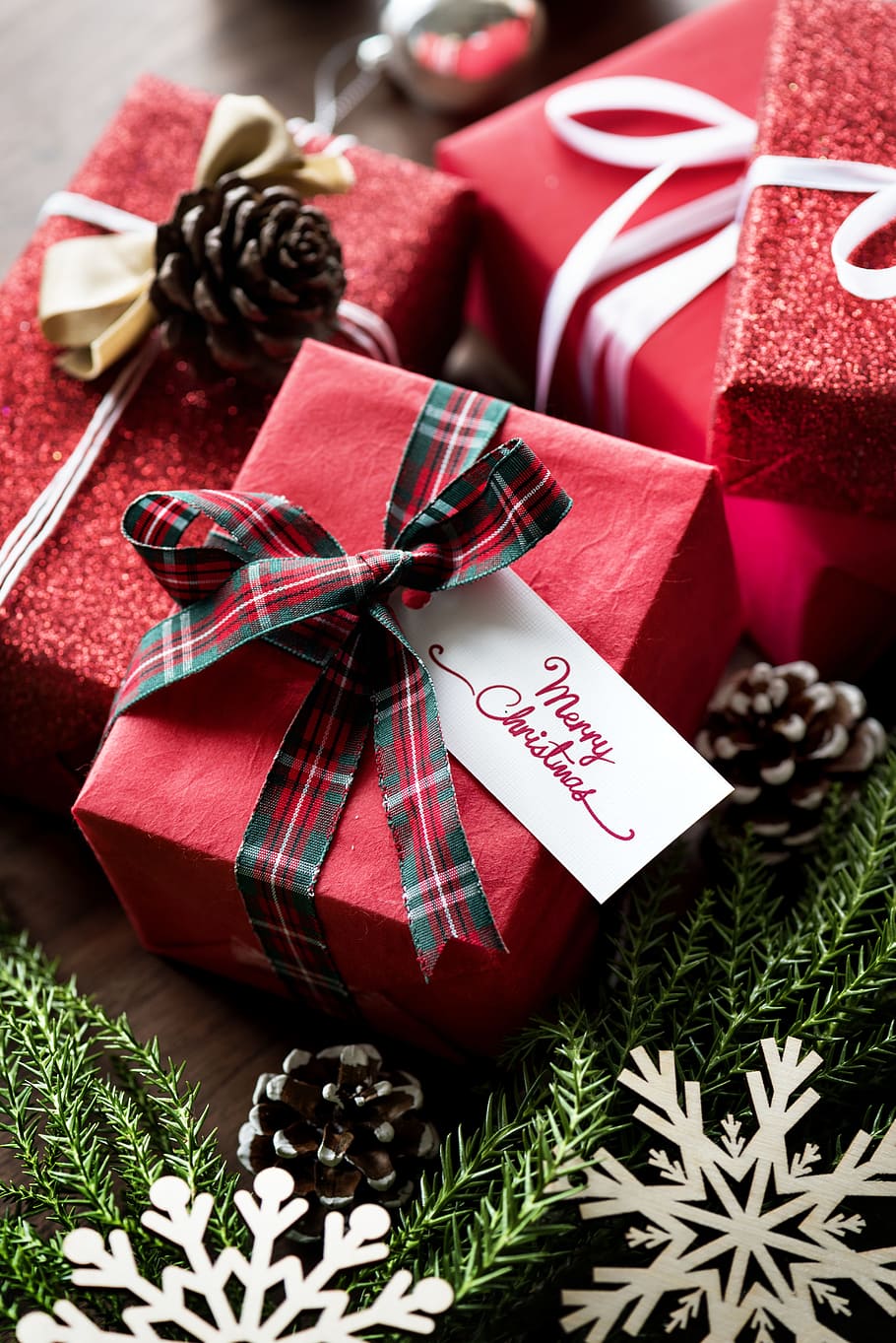 empat, merah, kotak hadiah, kotak, kartu, rayakan, perayaan, natal, hiasi, dekorasi