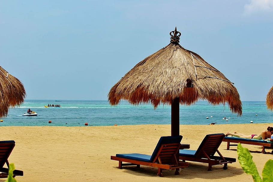 beach lounge, hut, bali, indonesia, nusa dua, ocean, tropical island, vacation, boat, exotic