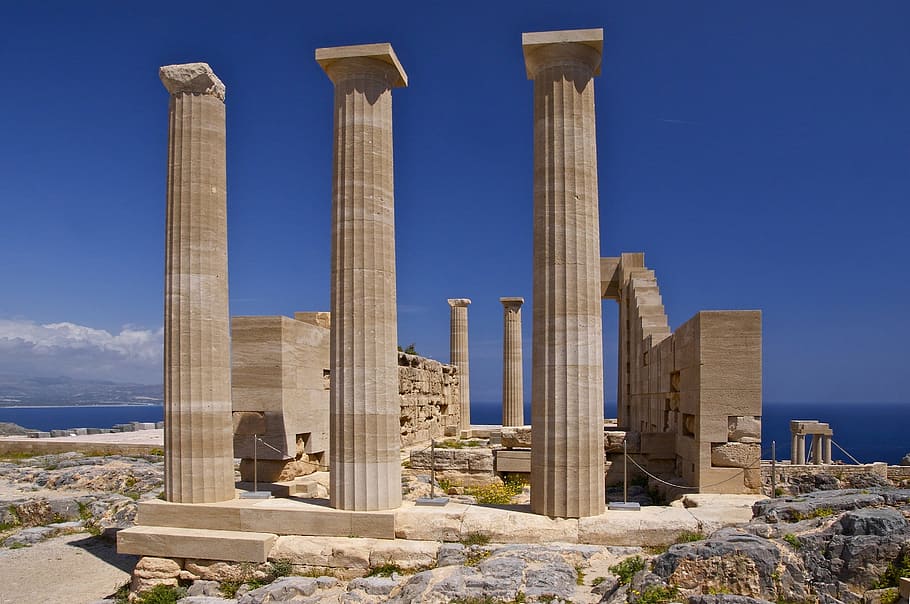 estructura de hormigón de color beige, Rodas, Grecia, Nubes, Ruinas, cielo, antiguo, histórico, columnas, arquitectura