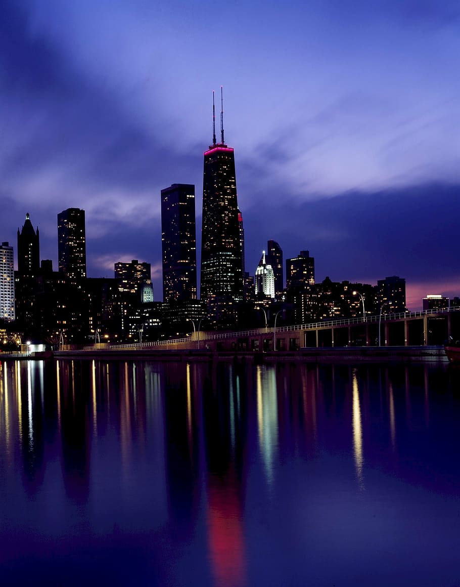 city during night, skyline, chicago, dusk, downtown, sears tower, willis tower, water, reflection, cityscape