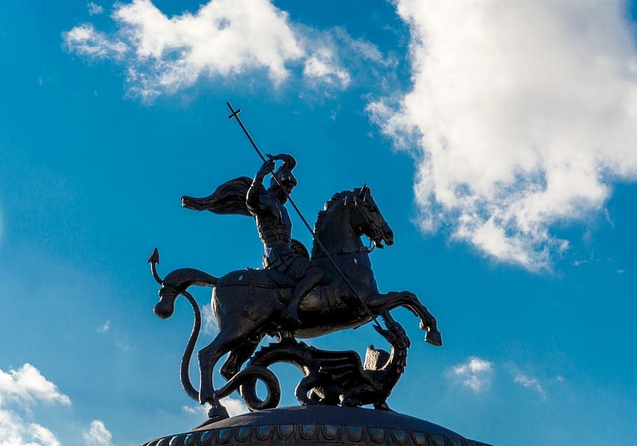 saint george, dragon, Statue, Saint George And The Dragon, alexander gardens, moscow, moscow symbol, russia, history, sky