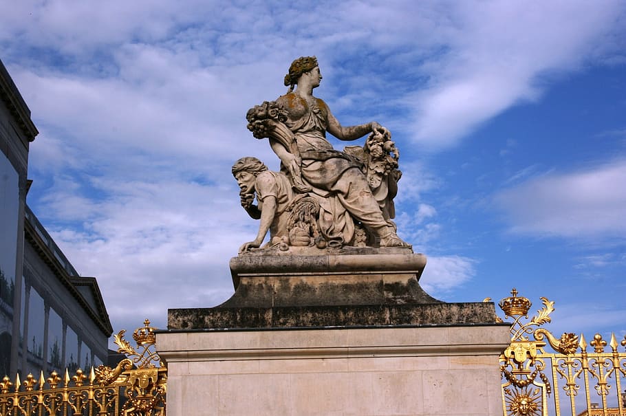 palace of versailles, versailles, sculpture, france, art and craft, statue, architecture, cloud - sky, representation, sky