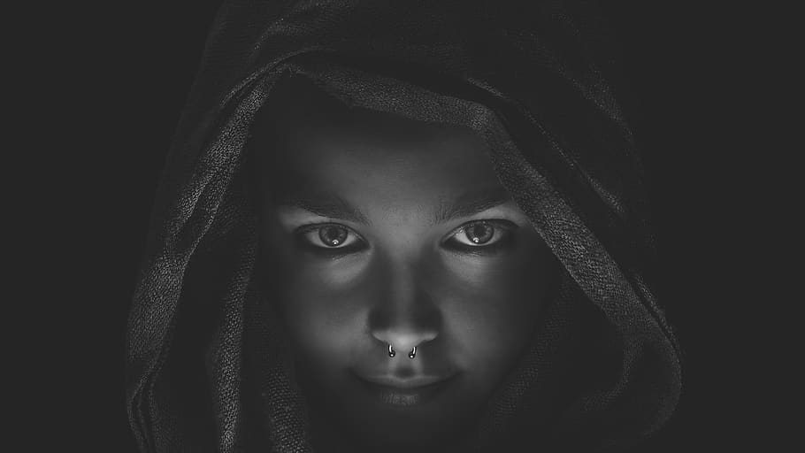 people, woman, face, black and white, monochrome, pierce, portrait, looking at camera, black background, headshot