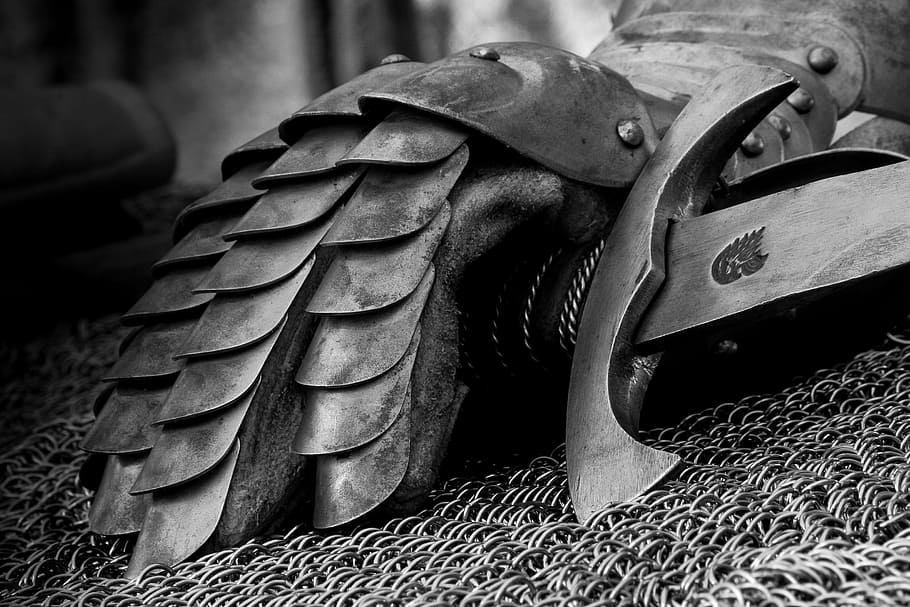 grayscale photography, sword, middle ages, knight, armor, historically, knights glove, swords, old knight armor, military