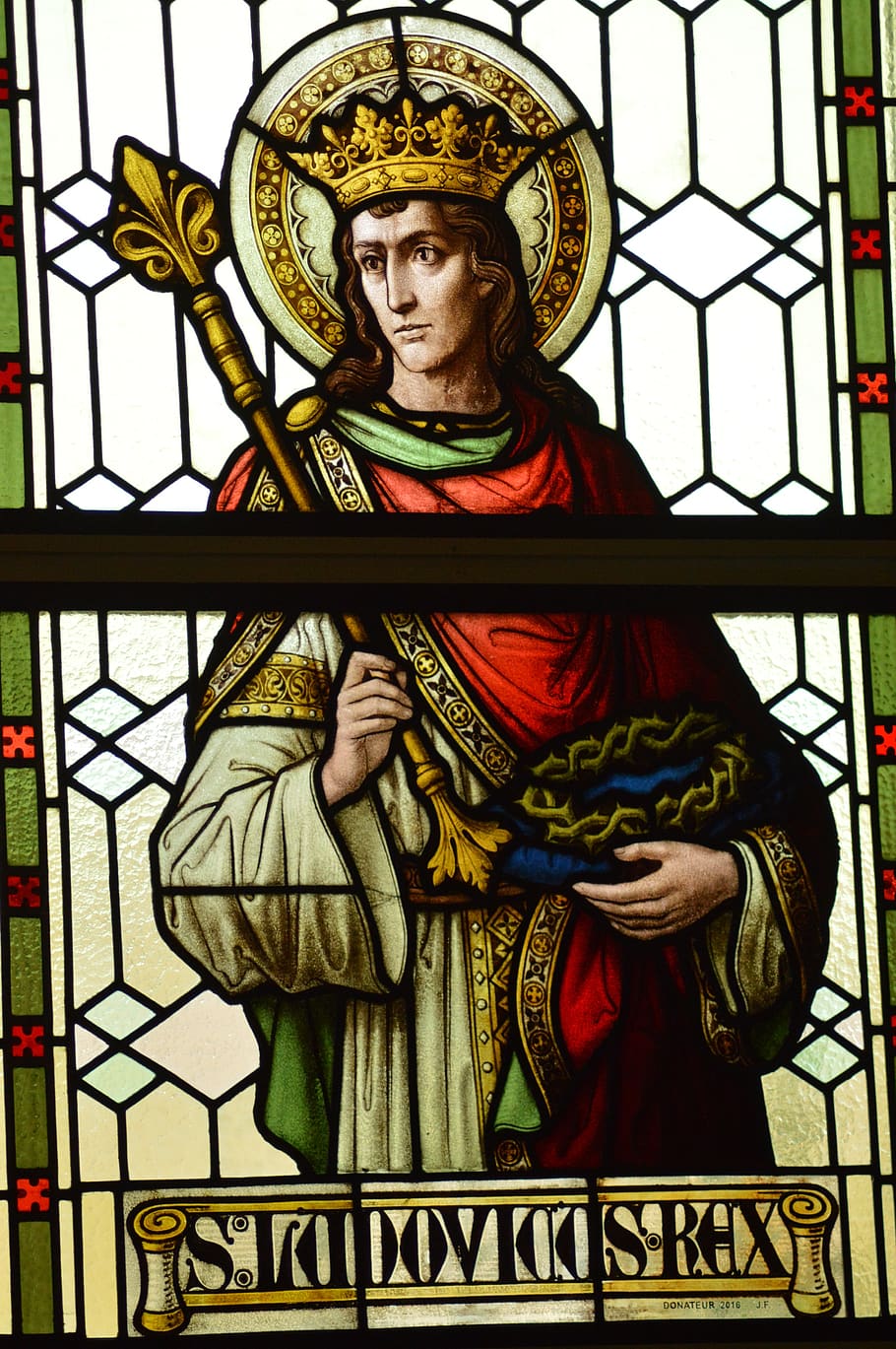 stained glass, window, church, saint, man, king, ludovic, sceptre, faith, crown